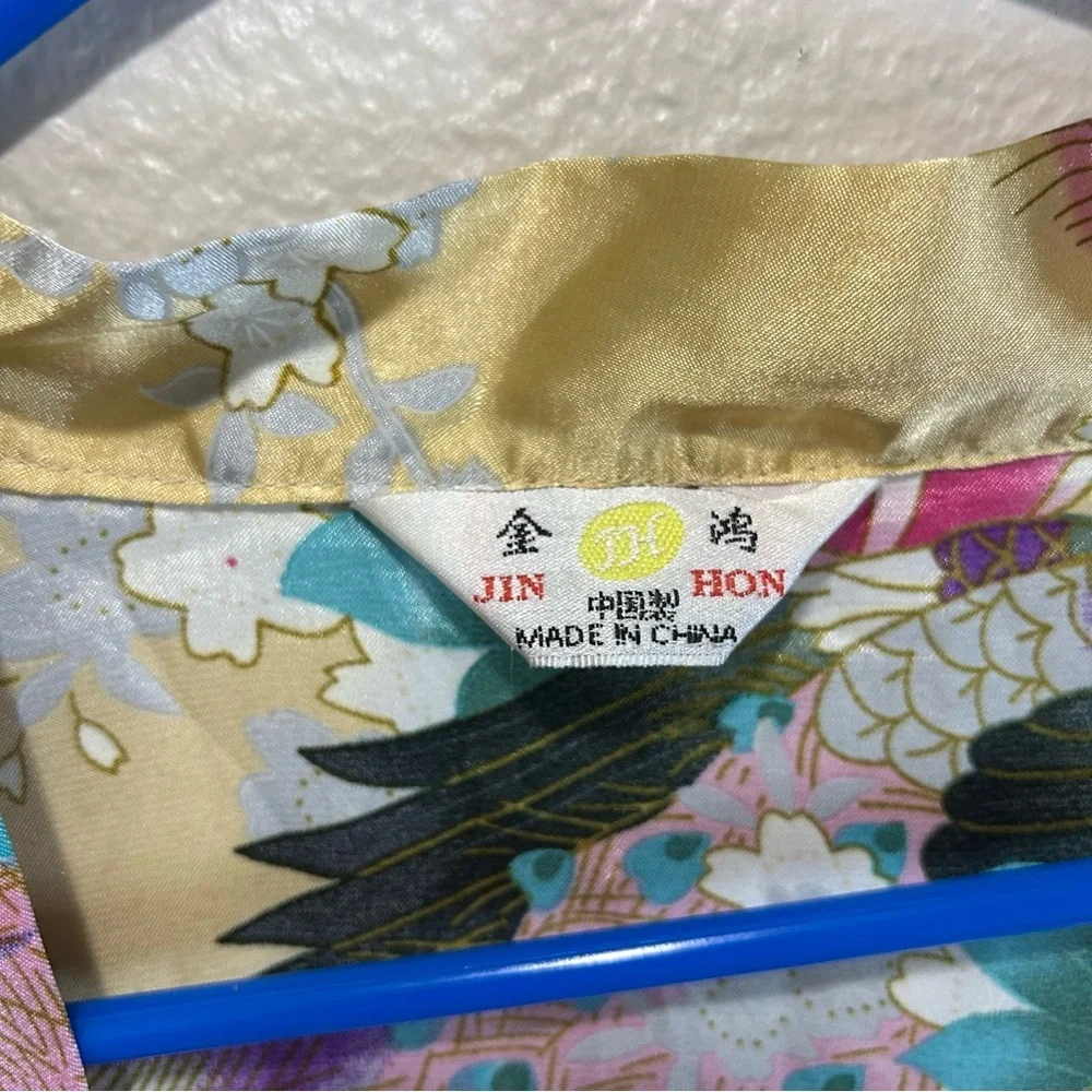Jin Hon Gold Satin Peacock Floral Kimono Robe OS Artsy Loungewear Lightweight